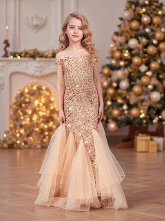 Tween Girl Sequin & Mesh Patchwork Mermaid Princess Dress, lämplig för födelsedagsfest, bröllop, bal, semesterevenemang