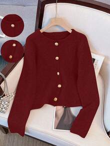 1pc Solid Color Front Button Round Neck Casual Loose Minimalist Metal Button Long Sleeve Sweater, Versatile Spring/Winter Tops For Women - Burgundy - View 8