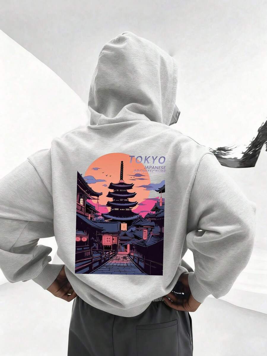 1PC Teen Boys Urban Style Tokyo Japanese Architecture Print Hooded Sweatshirt, Soft And Comfortable, Spring Autumn Daily Leisure Wear - Grey - View 1