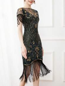 Váy dự tiệc tua rua đính hạt sequin cổ điển thập niên 1920, Váy dạ hội chắp vá bằng vải tuyn dành cho nữ, Váy cocktail phong cách Flapper thanh lịch - màu đen - Xem 4