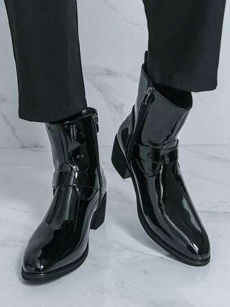 男士一脚蹬靴，带装饰链，时尚高跟正装靴，多功能/全天候，适合商务和正式场合，男士防水休闲靴