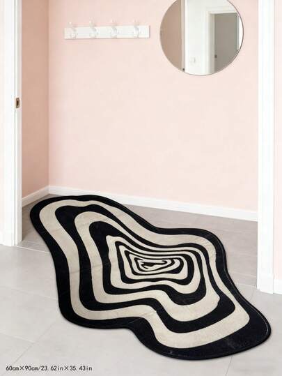 1pc Black & White Optical Illusion Swirl Asymmetrical Carpet. Tired Of Dull Spaces? This Visual Swirl Carpet Will Instantly Elevate The Ambiance With Its Artistic Lines, Creating A High-End, Fashionable Vibe. Soft Material For Comfortable Underfoot Feel. Suitable For Decorative Carpets, Bedroom Decor, Small Rugs, Living Room Carpets, Outdoor Rugs, And Machine Washable.