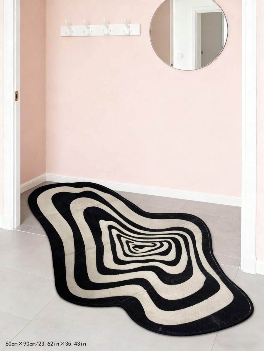 1pc Black & White Optical Illusion Swirl Asymmetrical Carpet. Tired Of Dull Spaces? This Visual Swirl Carpet Will Instantly Elevate The Ambiance With Its Artistic Lines, Creating A High-End, Fashionable Vibe. Soft Material For Comfortable Underfoot Feel. Suitable For Decorative Carpets, Bedroom Decor, Small Rugs, Living Room Carpets, Outdoor Rugs, And Machine Washable. - Multicolor - View 1