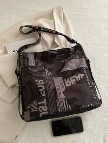 Bolso de mano de estilo retro y casual con estampado de letras en graffiti de poliéster, bolso de hombro minimalista de gran capacidad, adecuado para compras, calle, viajes y uso diario de mujeres