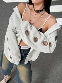 镂空金属环超大拉链连帽衫，适合秋、冬、春三季穿着，适合度假、上学、居家、日常、街头、摄影等各种场合，简约、Y2K、休闲、学院风、街头风、办公风、可爱风、性感风，也适合秋季、冬季、圣诞节、新年等节日，还适合外出、角色扮演等场合，时尚百搭。 - 淺灰色 - 查看 3