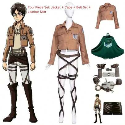 Disfraz de Cosplay de Anime  Shingeki no Kyojin Chaqueta Recon Corps Falda de Cuero Cinturones Hookshot Tirantes Disfraz de Ackerman