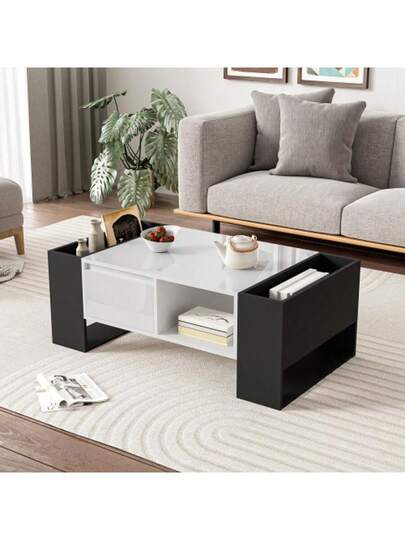 Moderne Coffee Tafel 105 60 40.5 Cm Zwart Wit High Gloss Surface, Drawer Open Compartments view 4