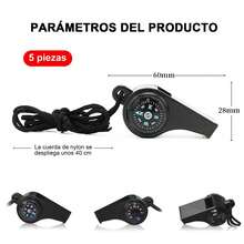 5 Pzs 3 en 1 Función Silbatos de Supervivencia de Emergencia con Brújula, Termómetro y Cordón Combo Silbato de para Senderismo al Aire Libre/Camping/Canotaje/Caza/Pesca - Negro - Ver 6