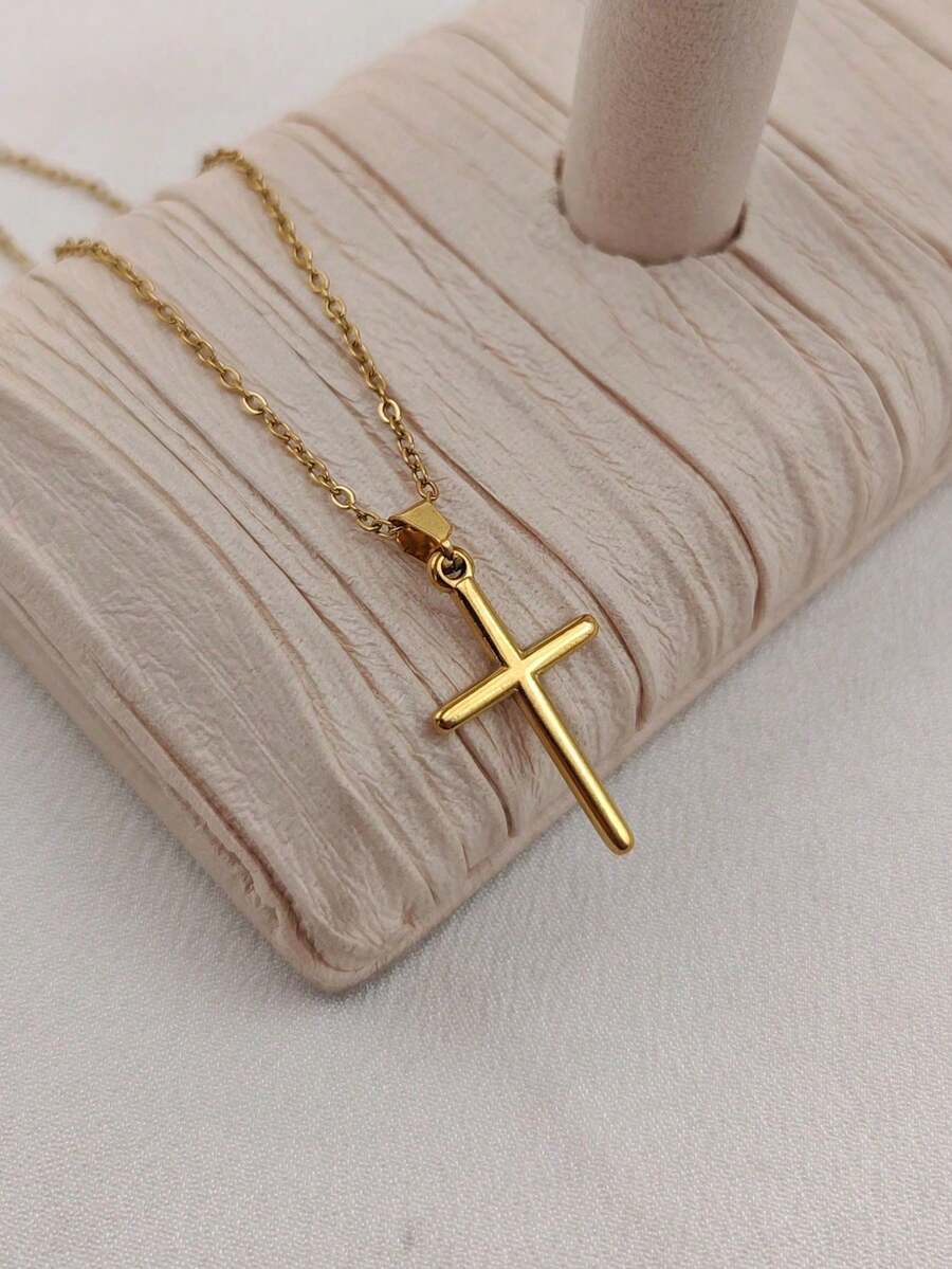 1pc Elegant Cross Necklace, Gold-Tone Cross Pendant Necklace, Everyday Necklace, Chic Casual Cross Jewelry, Waterproof Gold-Plated Stainless Steel Jewelry, Prayer Necklace, Jewelry Gift For Her