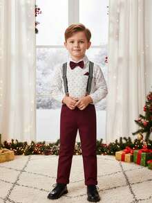 BOARNSEORL 2pcs Young Boys Gentleman Outfit - Long Sleeve Collared Shirt With Bow Tie And Suspender Pants, Suitable For Birthday Party, 1st Birthday, Christmas Party, Wedding, Formal Occasion - 紅色 - 查看 1