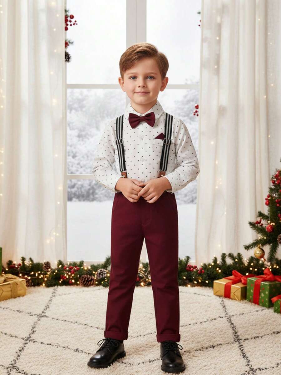 BOARNSEORL 2pcs Young Boys Gentleman Outfit - Long Sleeve Collared Shirt With Bow Tie And Suspender Pants, Suitable For Birthday Party, 1st Birthday, Christmas Party, Wedding, Formal Occasion - 紅色 - 查看 1