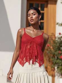 Women's Summer Lace Camisoles Sleeveless Open Back Deep V Neck Crop Cami Tank Tops - 紅色 - 查看 1