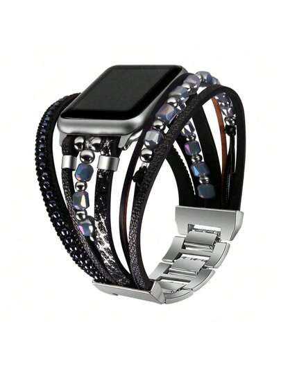 1 Stück edles schwarzes Lederarmband kompatibel mit Apple Watch 41mm 40mm 38mm 45mm 44mm 42mm 49mm Damen, bohemian Armband Schmuck Mehrschicht Wickelarmband für Apple Watch Series Ultra 10 9 8 7 6 5 4 3 2 1 SE