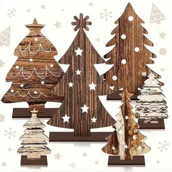Set de 6 árboles de Navidad de escritorio de estilo rústico de madera, centro de mesa navideño, señalización de madera, adecuado para el hogar, la oficina, la decoración navideña de estilo granja, decoración del hogar, regalos de Navidad, decoración navideña