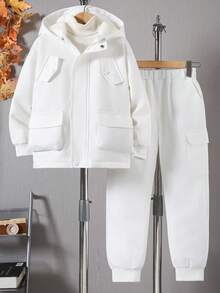 2 件套青少年男孩休闲保暖内衬连帽夹克和工装裤套装，秋冬 - 白色 - 查看 3