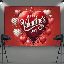 1 pieza Pancarta grande de San Valentín roja y blanca con globos con forma de corazón y texto feliz - Decoración de fiesta - Fondo resistente para eventos románticos, telón de fondo para fotos - 1 pieza - Ver 6