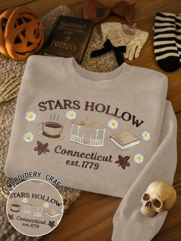 Moletom bordado com céu estrelado, moletom com gola redonda aconchegante para o outono, presente para amantes de livros, moletom aconchegante para a estação, Natal, Ano Novo, Ação de Graças, roupas femininas de outono, roupas femininas de inverno, moletom com capuz casual feminino com ombros caídos e gola redonda e manga comprida