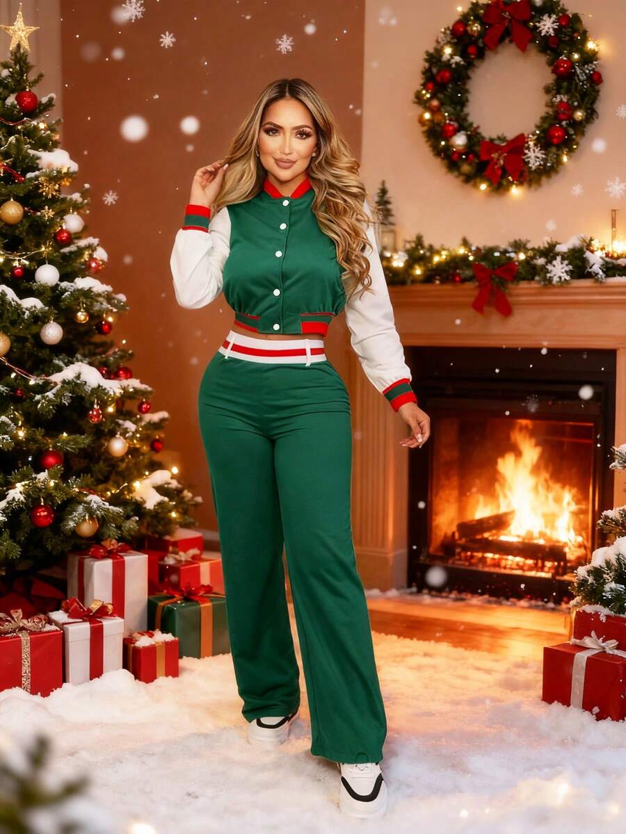 Damski elegancki, swobodny dwuczęściowy garnitur - europejska i amerykańska moda Damska kurtka patchworkowa - jednorzędowy garnitur baseballowy, damski garnitur jesienno-zimowy - swobodny, patchworkowy, prążkowany wzór, kurtka baseballowa i proste spodnie, odpowiedni na tańce, imprezy, randki, wesela, plaże, Halloween, Boże Narodzenie, Nowy Rok, Święto Dziękczynienia, damski garnitur modny