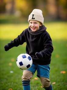 1pc Kids A-Z 26 Letter Print Knit Beanie Hat, Soft Warm Autumn Winter Headwear For Baby Teen Girls Daily Use Birthday Gift - Beige - View 4