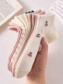 5 Pairs Women's Non-Slip Short Socks With Pink Cherry And Strawberry Patterns, Suitable For All Seasons