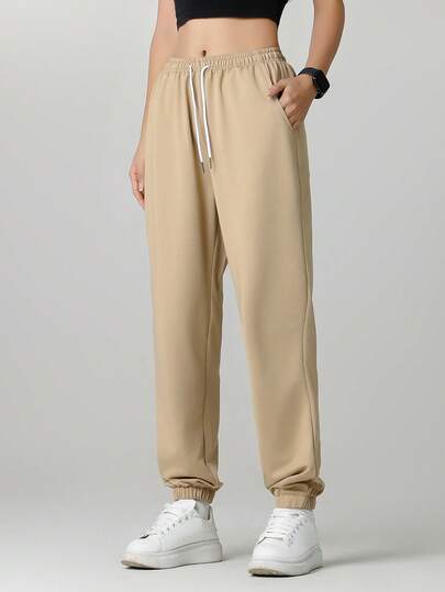 1 条女式纯色口袋休闲裤，适合徒步旅行、旅游、户外运动、跑步、骑自行车和慢跑