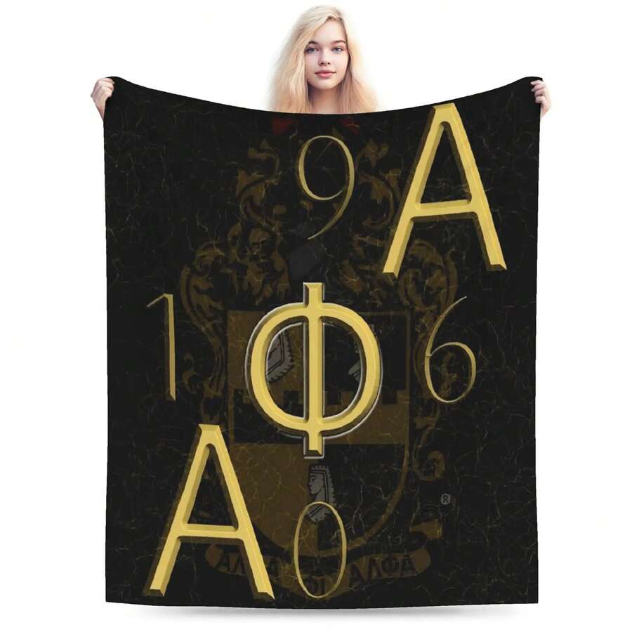 [Personalized Flannel Blanket]Alpha Phi Alpha Fraternity Inspi Ultra-Soft Flannel Blanket - Black With Golden Greek Letter Design, Warm & Cozy All-Season Throw For Living Room, Office, Travel - Perfect Gift For Home Decor & Fraternity Members, Fraternity Blanket, Office Comfort Item, Sophisticated Design, Durable Comfort - 30英寸x40英寸 - 查看 1
