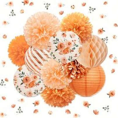 11pcs Vibrant Orange Flower Party Decoration Set - Paper Lanterns, Honeycomb Flowers And Pom Poms With Confetti, Ideal For Birthday, Wedding And More