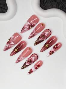 10pcs/Set Handmade Almond-Shaped Y2K Baddie Style Press-On Nails, Nude & Red Color With French Tips, Engraved, Printed, Studded Design, Suitable For Parties, Dances, Daily Wear, Includes Tool Kit, Great Gift For Women & Girls Nail Supplies Handmade Press On Nails - Multicolor - View 3