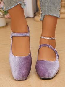 Plus Size EU 35-43 Vintage Mary Jane Shoes, New Spring/Autumn Fashion Lavender Velvet Strap Square Toe Flat Casual/Work/Driving/Holiday Comfortable Soft Bottom Ballet Flats For Women - Mauve Purple - View 5