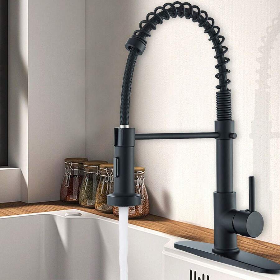 Saetow Grifo de cocina con rociador extraíble de 2 modos, grifos de cocina giratorios 360° en negro mate con placa de cubierta de 10 pulgadas, grifos de cocina comerciales de una sola palanca, 1 o 3 orificios, una vía para campistas agrícolas, cocinas utilitarias, comedores, lavaderos, fregaderos con barra húmeda, vehículos recreativos. - Negro Mate - Ver 1