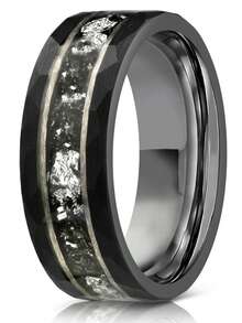 Men's 8mm Black Tungsten Ring With Meteorite Golden Foil Inlay – Stylish Hexagonal Pattern Engagement & Wedding Band, Perfect For Casual Attire Or Special Occasions