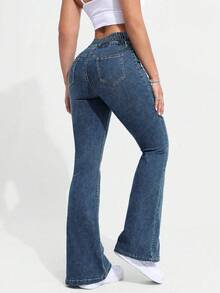 Quần jeans nữ ống loe dáng ôm, co giãn, cài một hàng cúc, thích hợp mặc mùa xuân. - Màu xanh hải quân - Xem 2