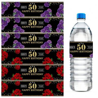12pcs/24pcs Red And Purple Rose Flowers Happy Birthday 50th Water Bottle Sticker For Birthday Party Decoration