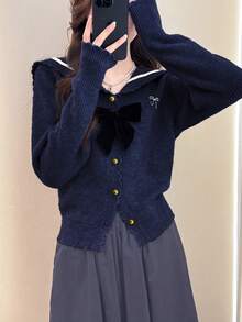 Alicedudu Cardigan vintage bleumarin cu guler decorat cu funde pentru femei, toamnă/iarnă