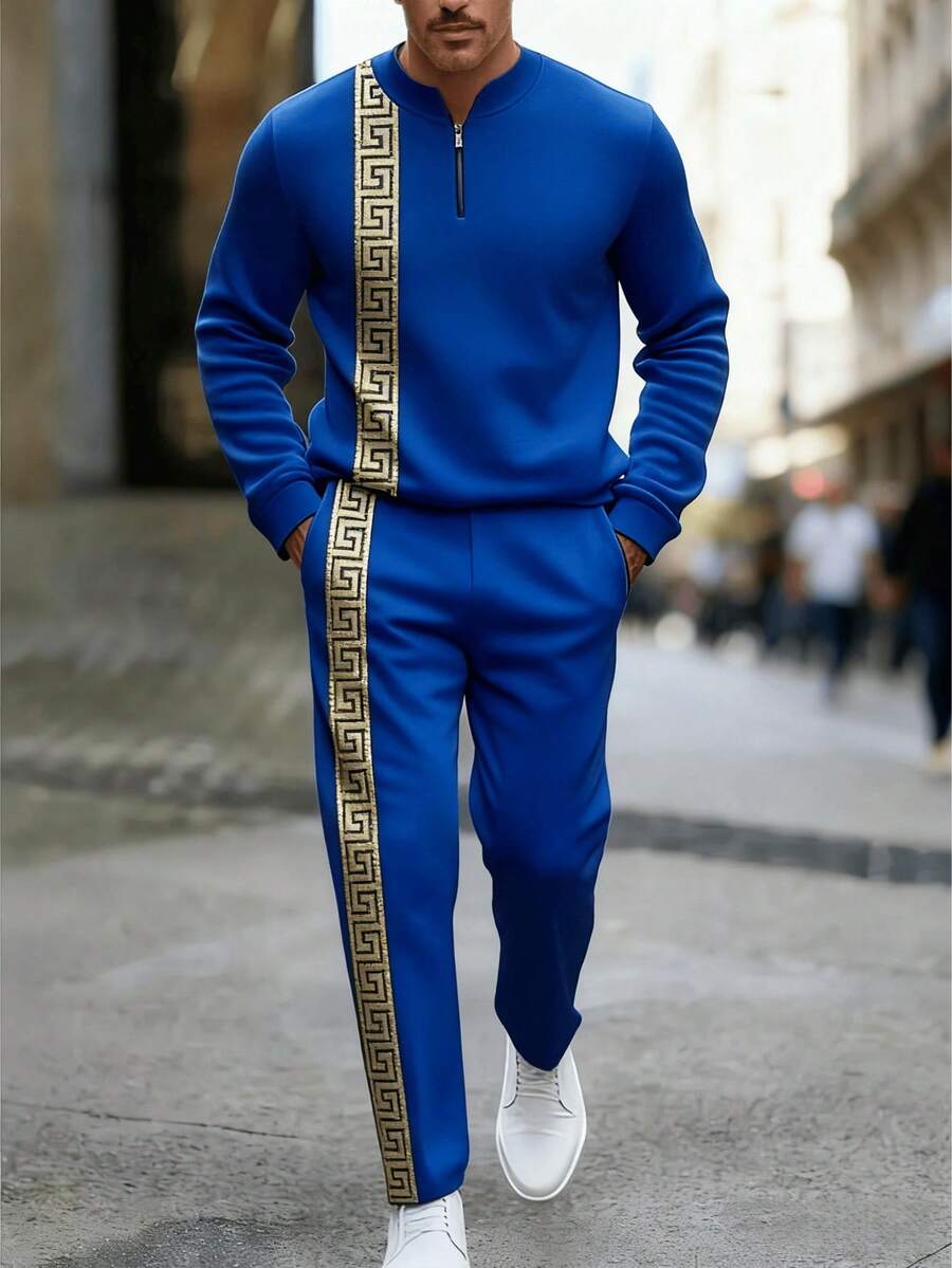 2PCS High-Quality Polyester Men's Long-Sleeved + Long Pants Sportswear Set, 3D Printed Pattern, Anti-Wrinkle And Easy To Care For, Half-Collared Top, European And American Style, Fitness, Outdoor Leisure, Golf, Tennis - Màu xanh lam - Xem 1