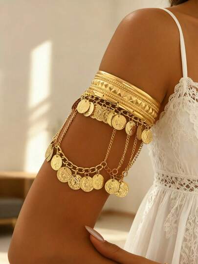 1pc Metal Vintage Tassel Round Disc Feather Pendant Arm Bracelet, Women's Party, Daily, Gathering, Dance Outfit Accessory