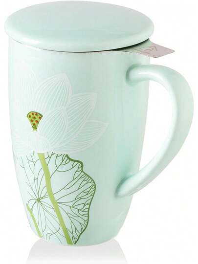 Sweejar Porcelain Tea Infuser Mug With Lid, 16 Oz Teacup With Strainers For Loose Leaf Tea, Microwave And Dishwasher  Coffee Mug(Cerulean Lotus)