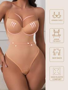 1pc Seamless Shapewear Bra, Deep V-Neck Design, Effective Contouring, Suitable For Weddings And Parties - Khaki - View 1