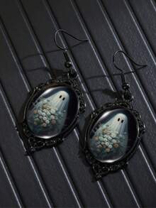 Gothic Style Black Pendant Earrings With Ghost Bride Pattern, Glass Mosaic And Zinc Alloy, Suitable For Women - Iron Earring Hooks, No Feathers, Suitable For Daily And Party Occasions - All Seasons