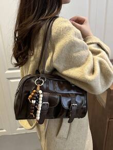 1pc Vintage Minimalist Zipper Tote Bag, Decorated With Pockets, Dual Handles, Suitable For Women's Casual Daily And Commuting Use - Coffee - View 6