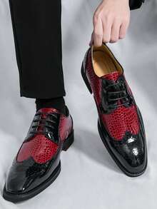 Men's Crocodile Embossed Color Block Pointed Toe Lace-Up Formal Dress Shoes, Suitable For Wedding, Office, Party - Red - View 7