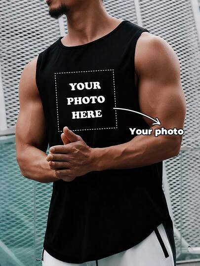 A Custom-Made Men's Vest-Style Shirt, GYM Shirt, Sleeveless T-Shirt, Back-Opening Design, Personalized Customized Text. The Best Gift For Your Training Partner Or For Your Boyfriend. Black
