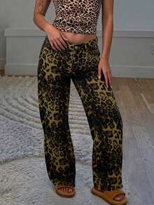 LOVE JOYY Women's Vintage Leopard Print Loose Fit Casual Pants, Fashionable