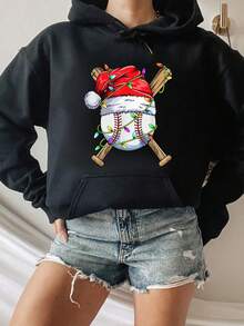 Santa Sports Design Christmas Baseball Player Hooded Sweatshirt - 黑色 - 查看 5