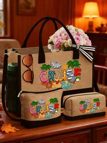 Ensemble de sacs de plage pour femme, imprimé plage, grand sac à main et deux trousses de maquillage, sac de voyage pour vacances, week-end, court séjour, cadeau d'anniversaire personnalisé pour une amie, idéal pour un mariage, un anniversaire, des vacances, un cadeau idéal pour les femmes, les mamans, les enseignantes, les amies, les demoiselles d'honneur, les étudiantes, la rentrée scolaire, un cadeau pour la meilleure amie, un souvenir de la mariée (avec foulard).