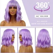 DDPurple Wig With Bangs Short Purple Bob Wigs For Women 14 Inch Lavender Purple Wavy Curly Wigs Short Bob Synthetic Wigs Shoulder Length Colorful Cosplay Wig For  Halloween Party Costume Daily - màu tím nhạt - Xem 4