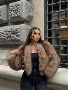 女式圆领宽松短款仿皮草时尚休闲夹克 - 深棕色 - 查看 4