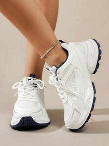 女士春秋新款休闲厚底运动鞋，网眼透气厚底坡跟休闲鞋，轻便百搭时尚系带白/灰色休闲运动鞋，适合所有季节 - 藍色 - 查看 14