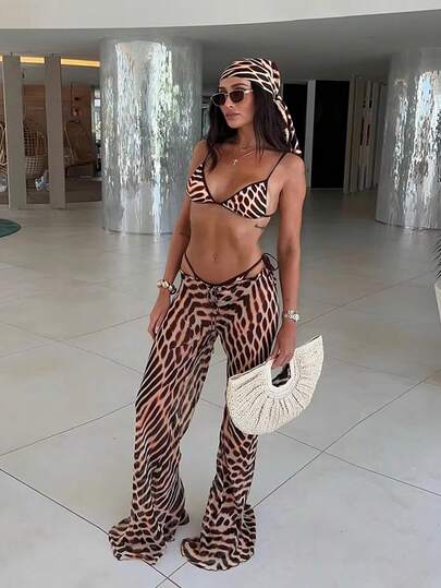 Women's Zebra Print Sexy Elegant Casual Bikini Set With Coverup And Pants, Suitable For Beach, Vacation, Party And Date, Spring/Summer