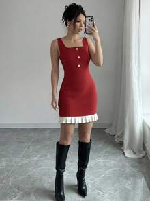 GOODAA  Vestido informal con botones delanteros, tirantes anchos y parchwork en blanco y negro para mujer - Rojo - Ver 10